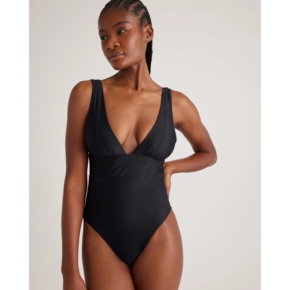 Quince Swimsuit Italian Plunge One Piece L SPF 50 Black Stretch NWT